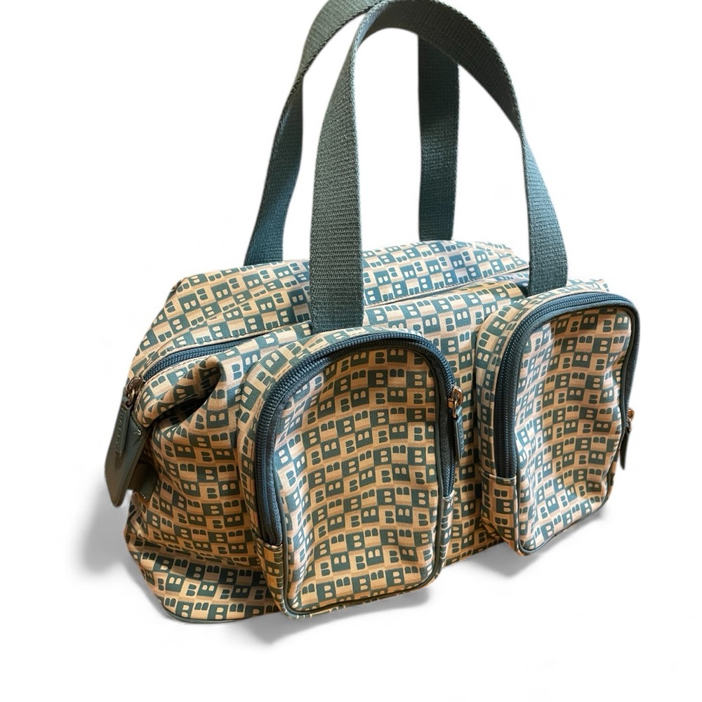 Bally Vintage Teal Logo Canvas Duffle Bag with Double Zip Pockets